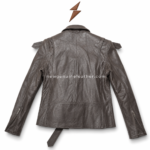 Tan belted leather biker jacket wholesale with smooth leather finish and motorcycle-inspired front design