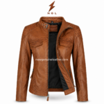 Tan buckle leather jacket back view with vertical panel seams, quilted shoulder detailing and warm brown leather finish