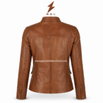 Tan buckle leather jacket catalog image with 4-pocket front layout, center zipper and premium tan leather texture