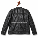 Burgundy and olive custom leather biker jacket options with quilted shoulders, zipper chest pockets, ribbed sleeves, and leather logo placement