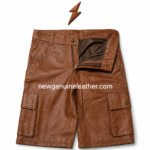 Burgundy and olive leather cargo shorts wholesale options with flap pockets, stitched hems, brass buttons, and leather logo placement