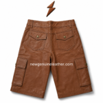 Tan leather cargo shorts wholesale style with camel color finish, side pockets, waistband loops