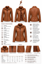 Tan leather jacket with open collar, front zipper, tailored panel stitching, and NGL