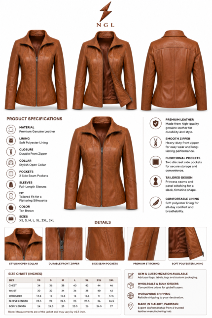 Tan leather jacket with open collar, front zipper, tailored panel stitching, and NGL