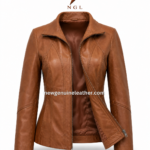 Tan leather jacket shown open with visible soft lining, metal zipper hardware, princess seams, and warm brown leather finish.