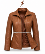 Tan leather jacket shown open with visible soft lining, metal zipper hardware, princess seams, and warm brown leather finish.