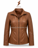 Tan leather jacket back pose with center seam, curved panel stitching, smooth brown leather texture, and NGL