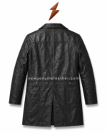 Burgundy and olive men’s leather long coat options with notched lapel collar, button closure, vertical seams, and catalog watermark