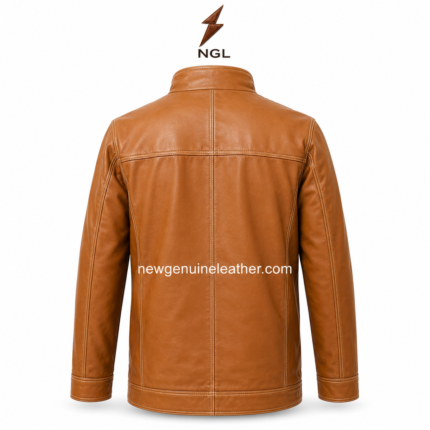 Tan moto jacket with stand collar, full front zipper, two chest zipper pockets, side hand pockets, and contrast stitching.