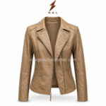 Tan moto jacket front view with wide lapel collar, asymmetrical zipper, slim fit panels and NGL