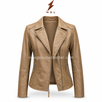 Tan moto jacket front view with wide lapel collar, asymmetrical zipper, slim fit panels and NGL