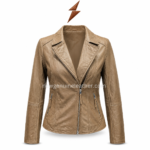 Tan moto jacket back view with shaped stitched panels, long sleeves, smooth tan leather texture