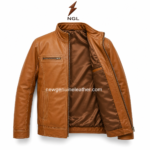 Tan moto jacket shown open with satin-style inner lining, stand collar, metal zipper, chest pocket, and clean leather panels.