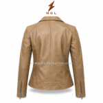 Tan moto jacket specs image with asymmetrical front zip, wide lapel collar, two zip pockets and soft