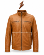 Tan moto jacket back pose with stand collar, center back seam, contrast stitching, smooth tan leather, and white