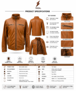 Tan moto jacket detail showing horizontal chest zipper pockets, contrast stitching, leather grain, and metal zipper hardware.