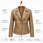 Tan moto jacket close-up with textured leather grain, diagonal zipper, lapel stitching and premium OEM construction.