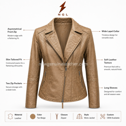 Tan moto jacket close-up with textured leather grain, diagonal zipper, lapel stitching and premium OEM construction.