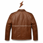 Tan smooth leather biker jacket with back panel design, collar, epaulettes, and zipper cuffs