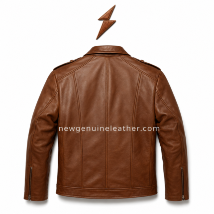 Tan smooth leather biker jacket with back panel design, collar, epaulettes, and zipper cuffs