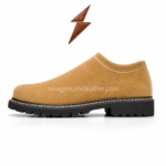 Tan Oktoberfest suede shoes showing low-cut collar, patterned laces, camel upper, white stitching, black rugged outsole, and clean product layout