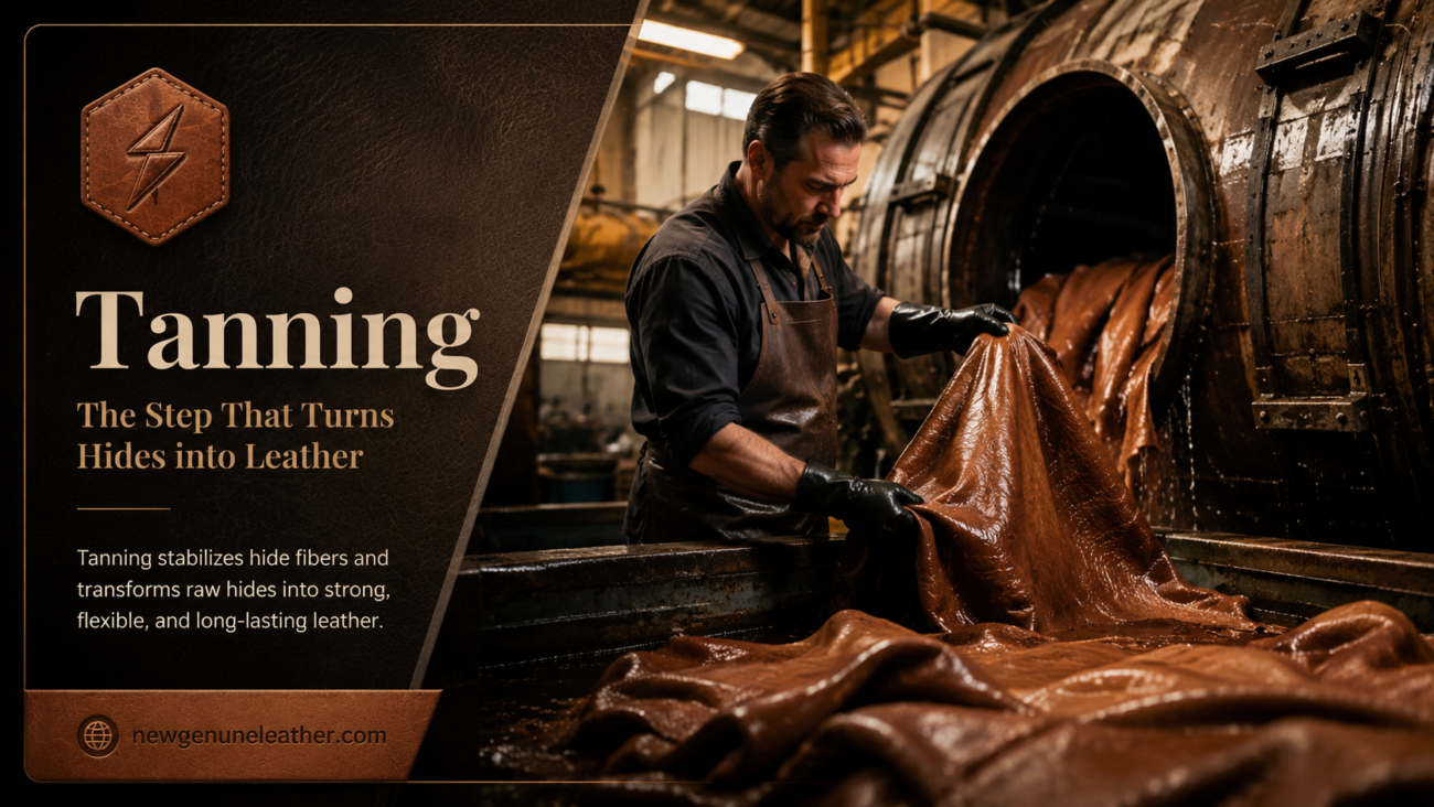 Leather hides being tanned in a tannery drum to create strong, durable, and premium leather at newgenuneleather.com