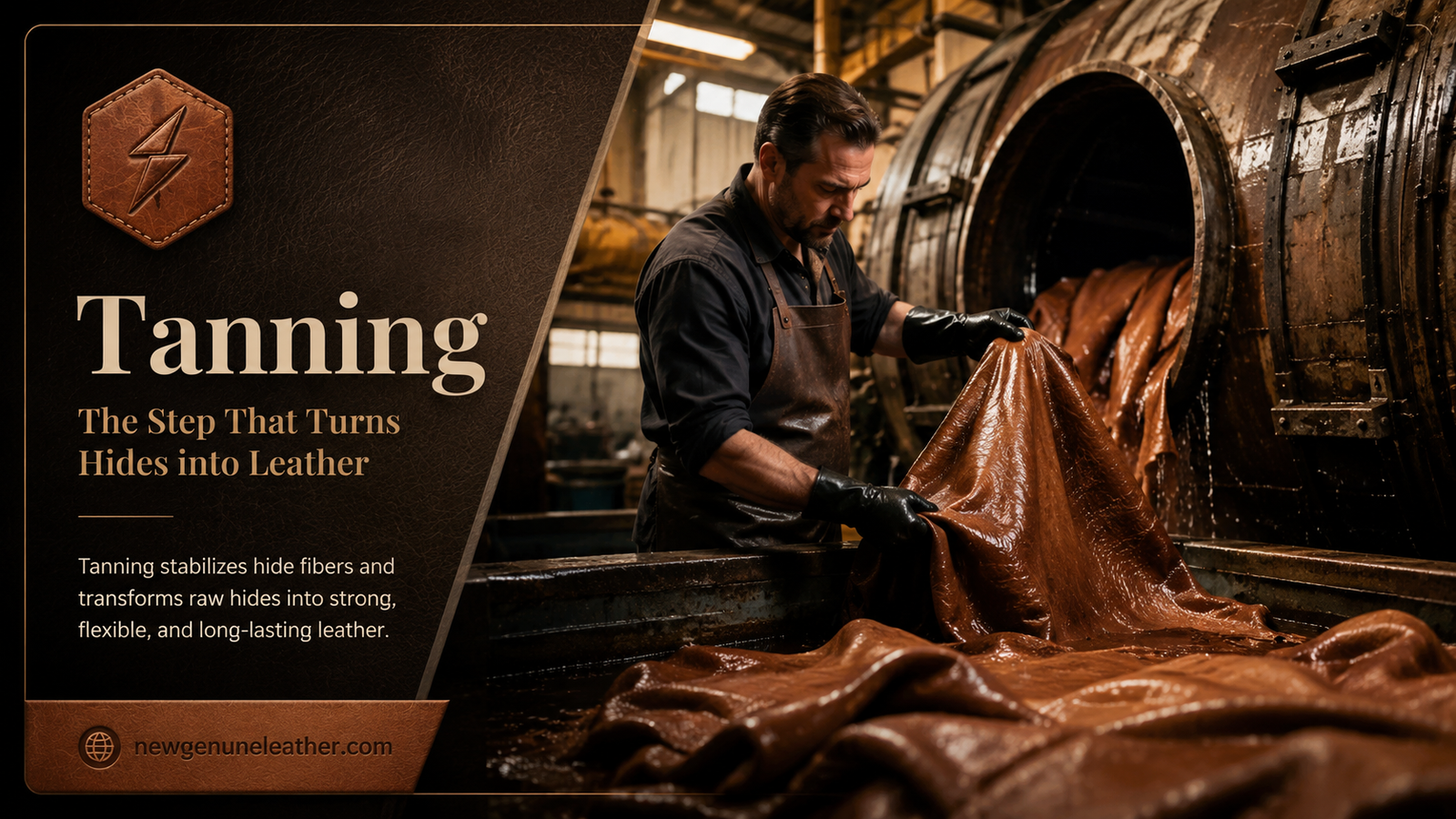Leather hides being tanned in a tannery drum to create strong, durable, and premium leather at newgenuneleather.com