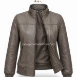 Taupe bomber jacket with stand collar, front zipper, side zipper pockets, rib-knit cuffs, and NGL