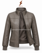 Taupe bomber jacket with stand collar, front zipper, side zipper pockets, rib-knit cuffs, and NGL