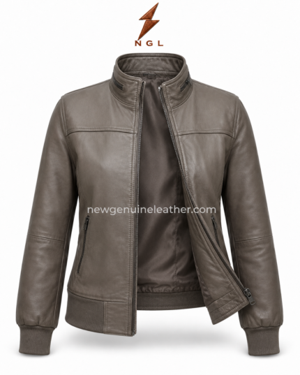 Taupe bomber jacket with stand collar, front zipper, side zipper pockets, rib-knit cuffs, and NGL