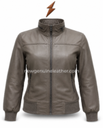 Taupe bomber jacket detail image showing stand-up collar, zipper detail, smooth leather grain, and stitched