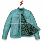 Distressed teal biker leather jacket featuring cafe racer styling, horizontal chest zippers, lower hand pockets, and stitched panel construction