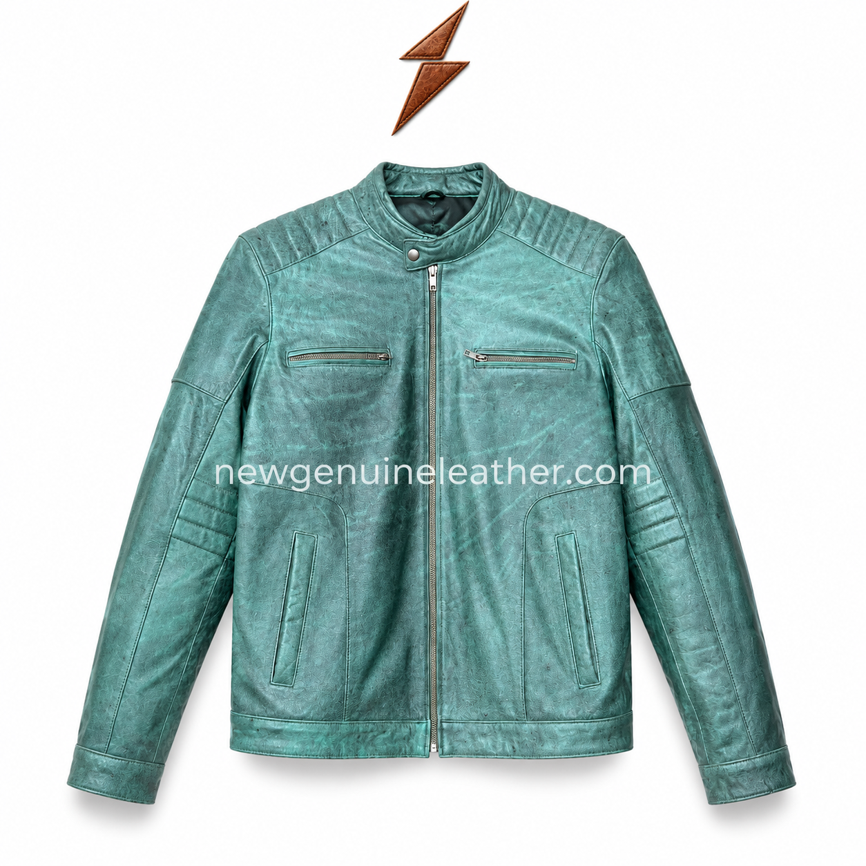 Teal Leather Jacket with Quilted Shoulders Teal biker leather jacket with quilted shoulder detailing, reinforced sleeve stitching, snap collar, and clean white studio background