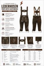 NGL dark brown Oktoberfest lederhosen set with suede leather texture, white embroidery, gold piping, suspenders, and professional studio layout
