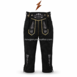 NGL black lederhosen with suspenders, suede leather surface, decorative front bib, matching chest strap, lace-up legs, and