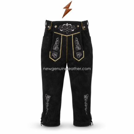 NGL black lederhosen with suspenders, suede leather surface, decorative front bib, matching chest strap, lace-up legs, and