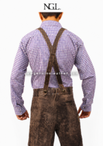 Oktoberfest brown embroidered leather lederhosen with purple gingham shirt
