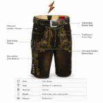 Bavarian-style embroidered leather lederhosen shorts with belt detailing and side pocket design