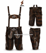 Traditional leather lederhosen with dark brown distressed finish, adjustable suspenders and white floral embroidery