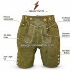 Wholesale olive suede lederhosen shorts with front bib embroidery, side pockets, decorative leg buttons, and newgenuineleather.com watermark