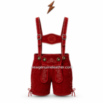 Red lederhosen shorts with suspenders, white stitched embroidery, decorative chest strap, side lace ties, metal hardware, and newgenuineleather.com
