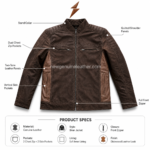 Premium two tone leather biker jacket displayed on a white studio background with dark brown body, tan panels, shoulder quilting