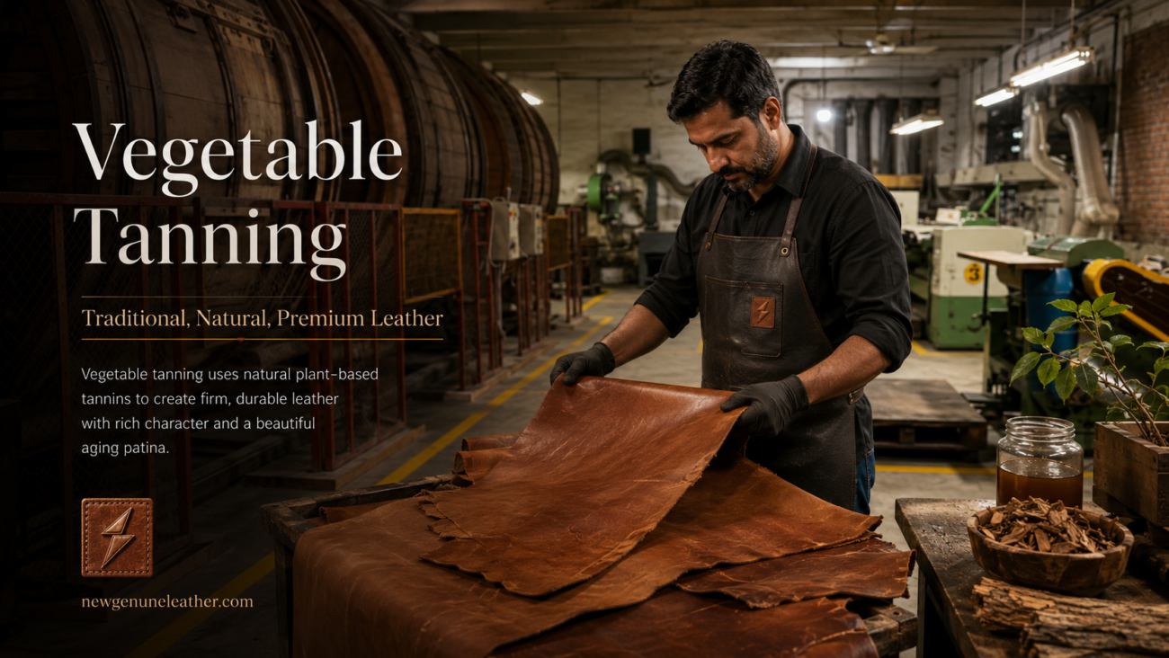 Vegetable-tanned leather hides being processed with natural plant tannins for firm, durable, and premium leather at newgenuneleather.com