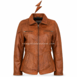 Vintage cognac leather jacket wholesale back view with shaped panel seams, waist tabs and warm brown leather finish