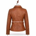Vintage cognac leather jacket wholesale catalog image with black inner lining, open front zipper and stitched