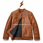 Vintage cow leather jacket wholesale featuring stand collar with tab and vertical chest zipper pocket