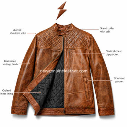 Vintage cow leather jacket wholesale product specs image with NGL logo and newgenuineleather.com