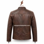 Vintage leather jacket in brown with stand collar, front zipper closure, chest zip pocket, side zipper pockets