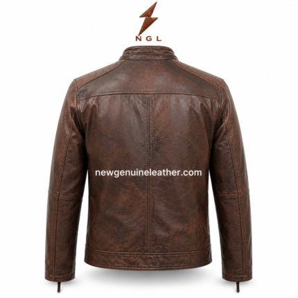 Vintage leather jacket in brown with stand collar, front zipper closure, chest zip pocket, side zipper pockets