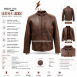 Vintage leather jacket with open front zipper, brown inner lining, textured distressed leather finish
